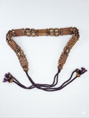 Carved Geometric Wood Bead Tie Belt Women 28 Inch Brown Tassels Boho Festival